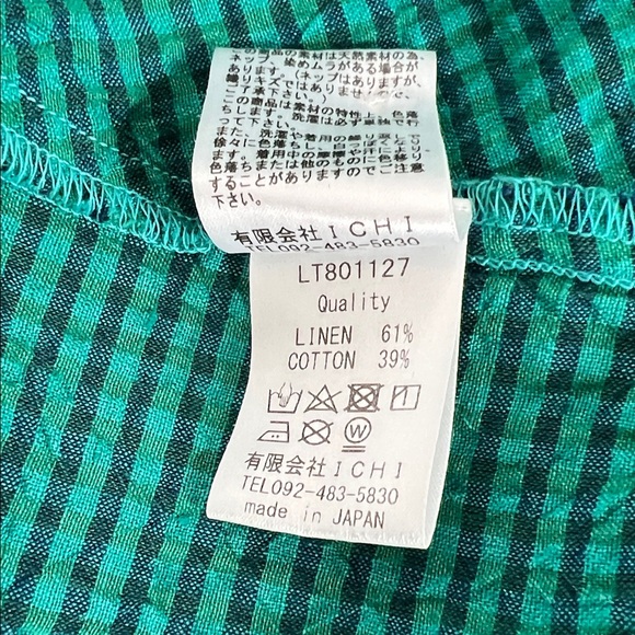 Ichi Antiquities OSFM Gingham Check V Neck Sleeveless Linen/Cotton Green Dress - Picture 10 of 11